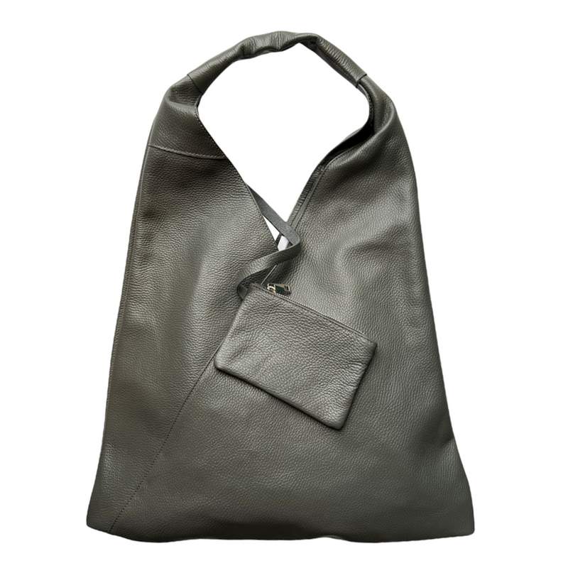 Italian Leather Slouch Bag Dark Grey PL398-DARK GREY showing pouch