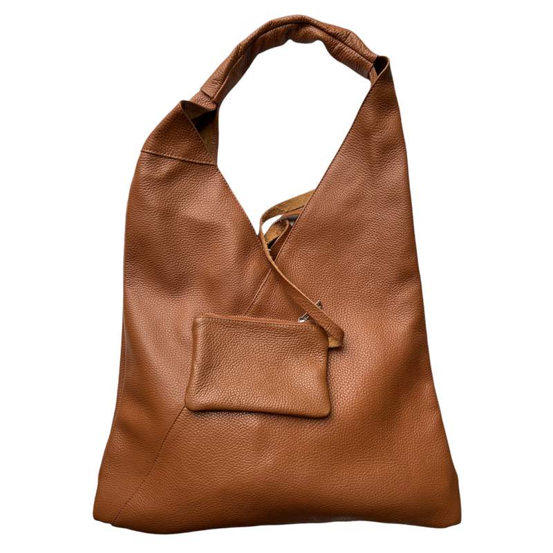 Italian Leather Slouch Bag Dark Tan PL398-DARK TAN showing pouch