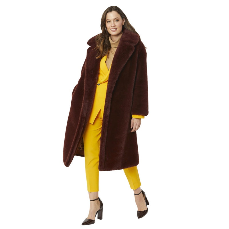 Jayley Fashion Faux Fur Coat Chocolate FMCT58A-D04 on model open