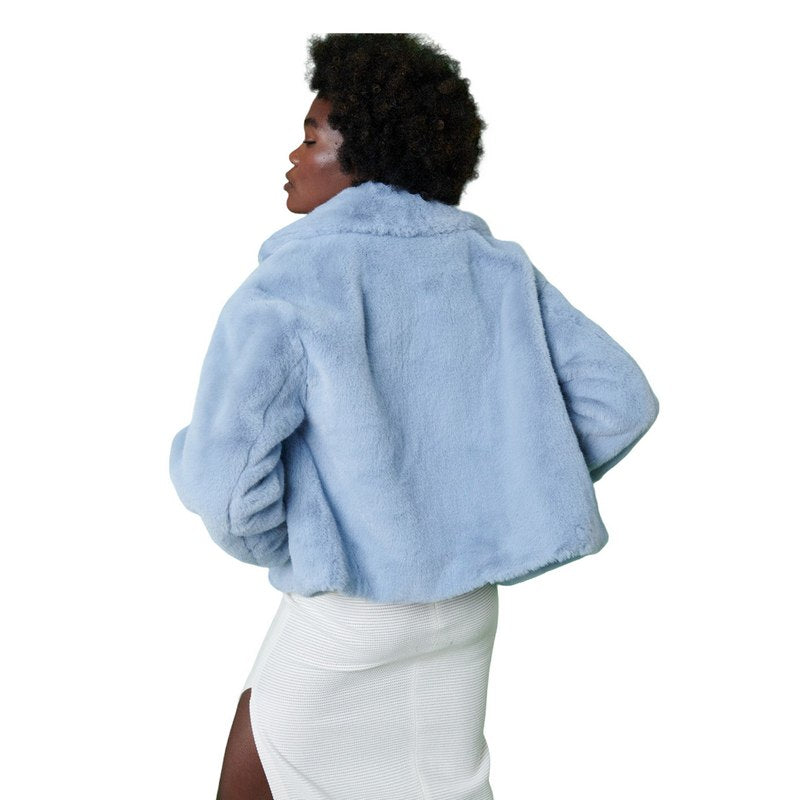 Jayley Fashion Faux Fur Cropped Jacket Powder Blue FMJ43A-03N on model back