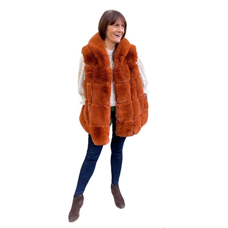 Jayley Fashion Faux Fur Hooded Gilet Burnt Orange
