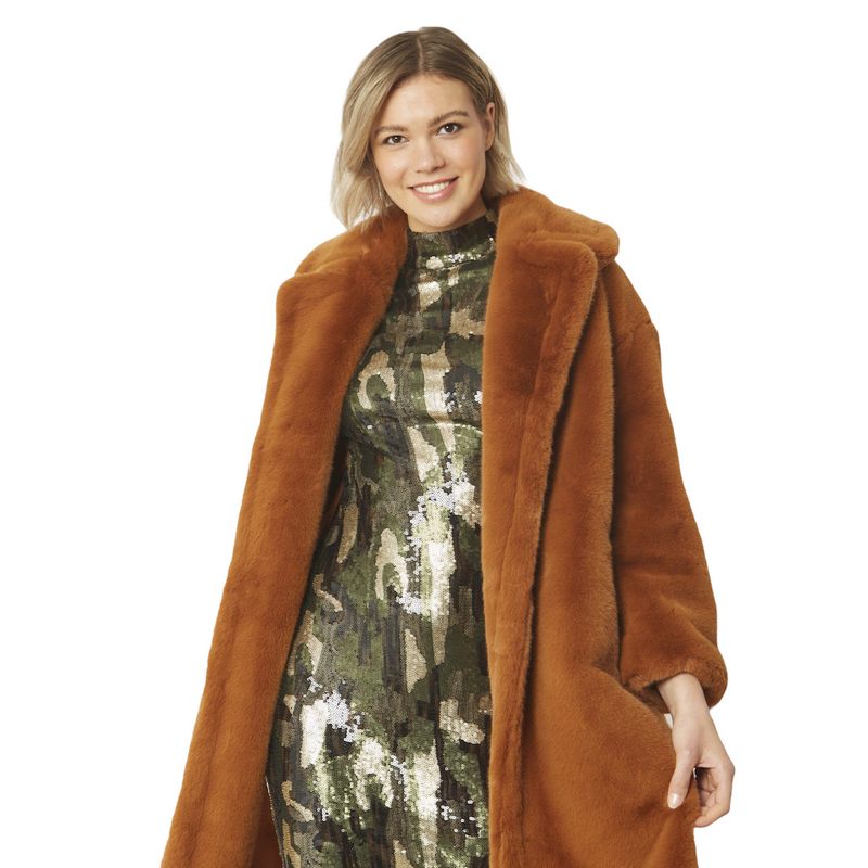 Jayley Fashion Faux Fur Long Coat Burnt Orange FMACT62A-G09 on model close-up