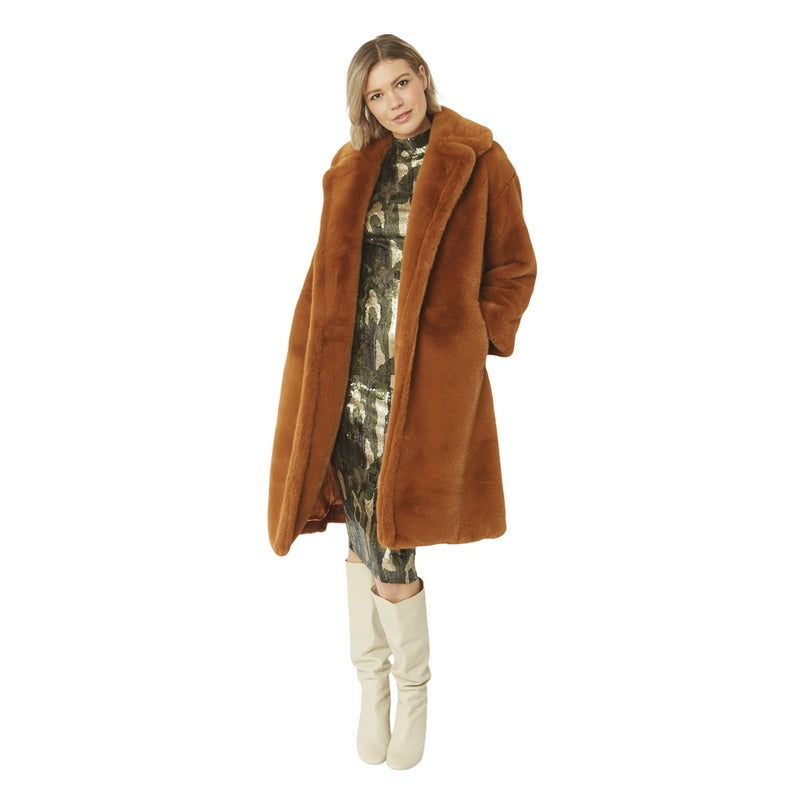 Jayley Fashion Faux Fur Mid length Coat in Burnt Orange