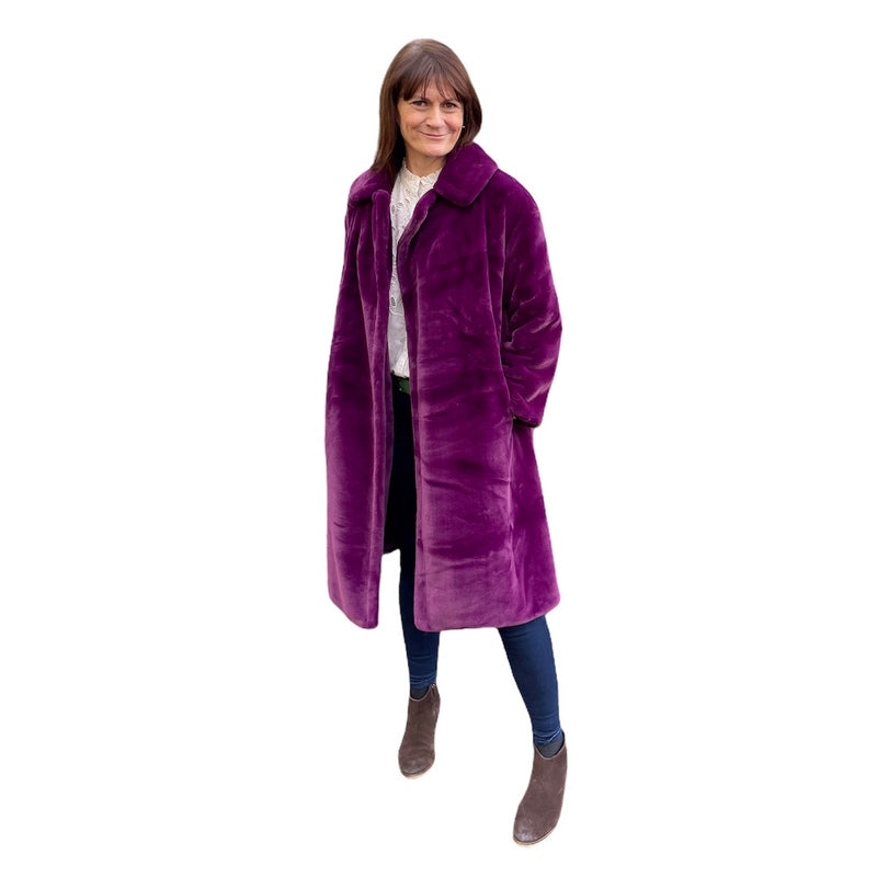 Jayley Fashion Faux Fur Shaved Shearling Coat Purple FMCT55A-05 on Helen side