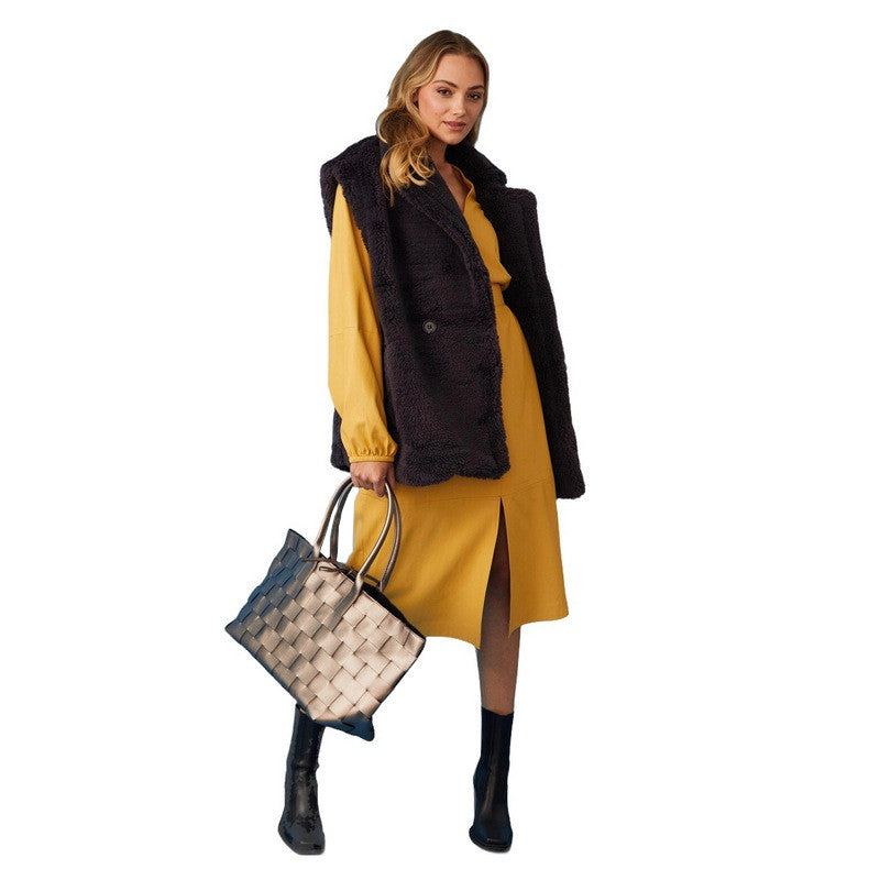 Jayley Fashion Faux Fur Shearling Midi Gilet Slate CHG47A-D03 on model side