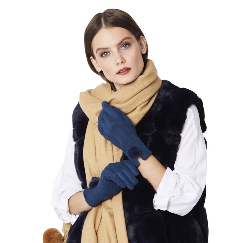 Jayley Fashion Faux Suede Gloves with Pompom in Navy GLVSU6A-07 on model front