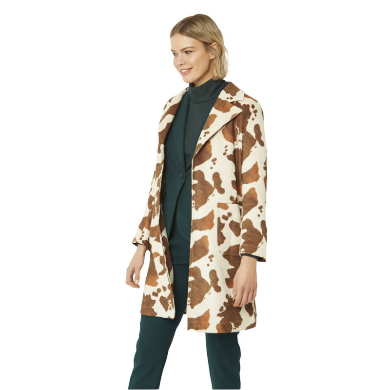 Jayley Faux Suede Cow Print Coat on model front