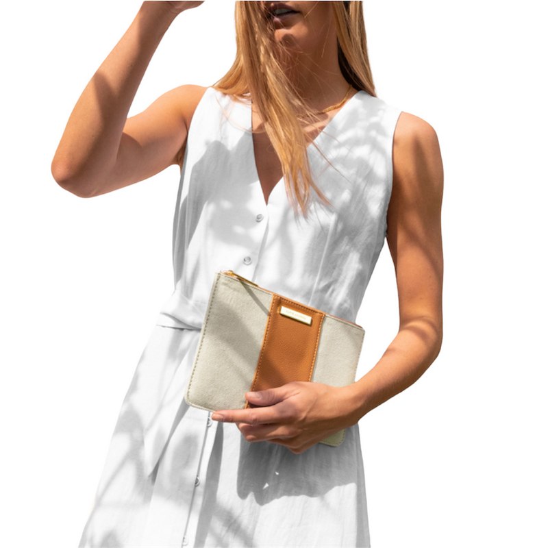 Katie Loxton Amalfi Canvas Pouch in Cream and Light Brown KLB2123 with model
