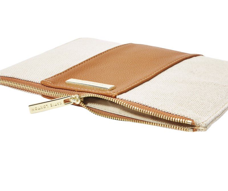 Katie Loxton Amalfi Canvas Pouch in Cream and Light Brown KLB2123 zip
