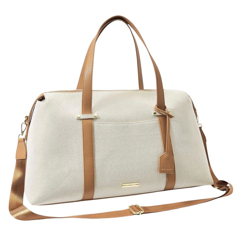 Katie Loxton Amalfi Canvas Travel Bag in Cream and Light Brown KLB2120 front with strap