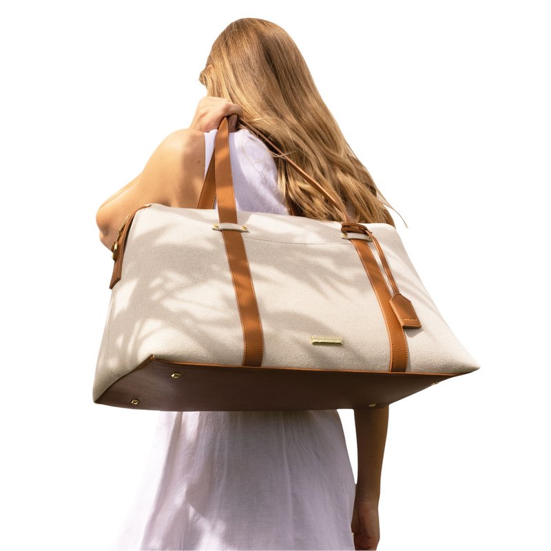 Katie Loxton Amalfi Canvas Travel Bag in Cream and Light Brown KLB2120 with model