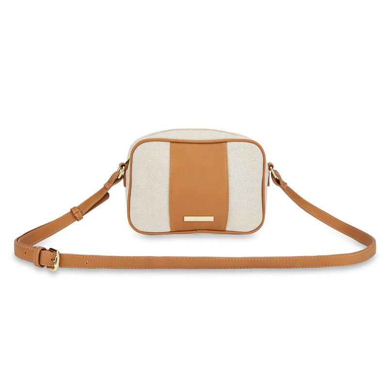 Katie Loxton Amalfi Crossbody Bag in Cream Canvas and Light Brown KLB2122 front with strap