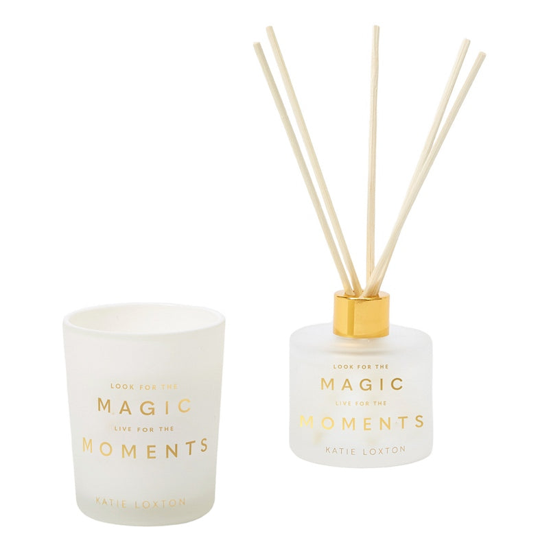 Katie Loxton English Pear & White Tea Reed Diffuser & Candle Magic Moments KLC296 contents