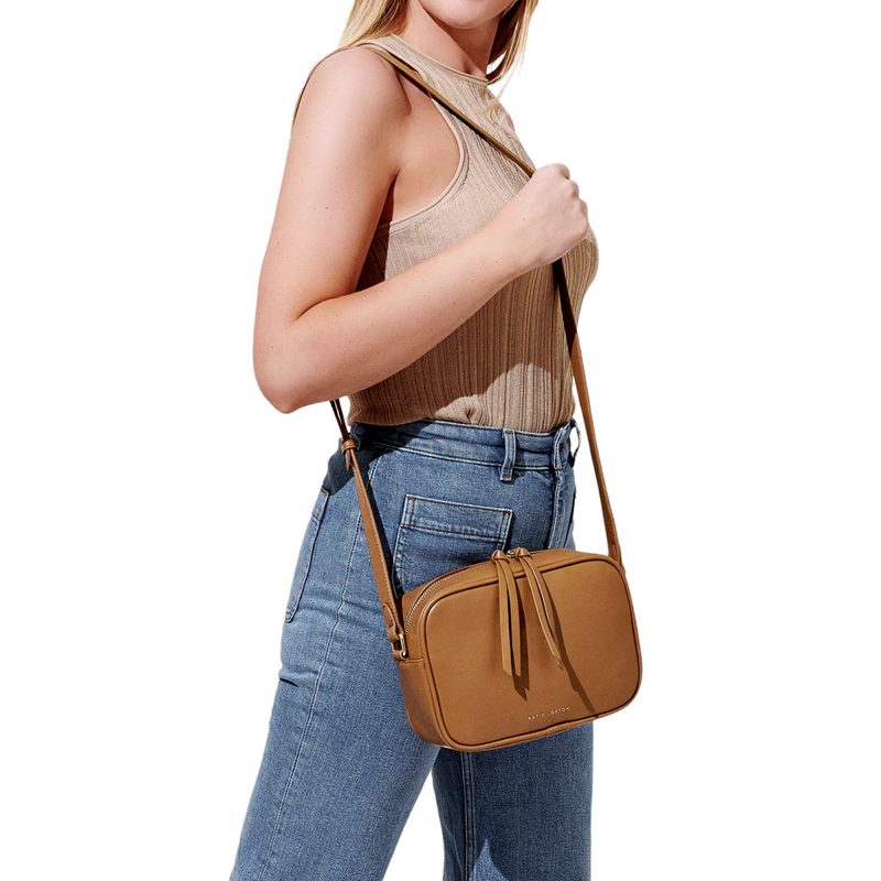 Katie Loxton Isla Crossbody Bag Tan KLB2287 on model