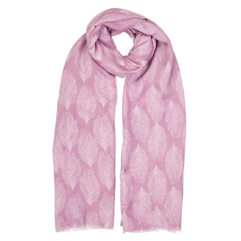 Katie Loxton Printed Scarf Peacock Feather Print In Dusty Pink And White