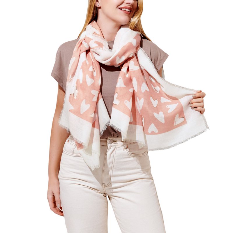 Katie Loxton Scarf Hearts in Peach & Rose Gold KLS433 on model