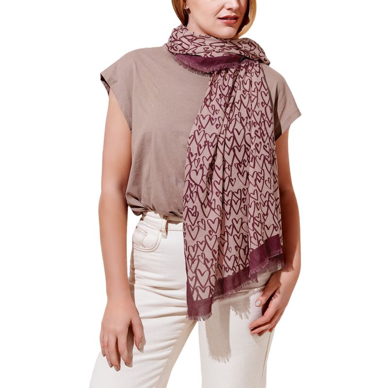 Katie Loxton Scarf Outline Hearts in Pink & Plum KLS420 on model