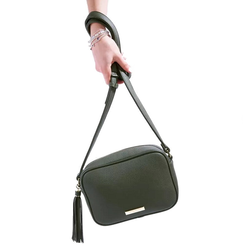 Katie Loxton Sophia Tassel Crossbody Sustainable Bag Khaki KLB1598 hanging