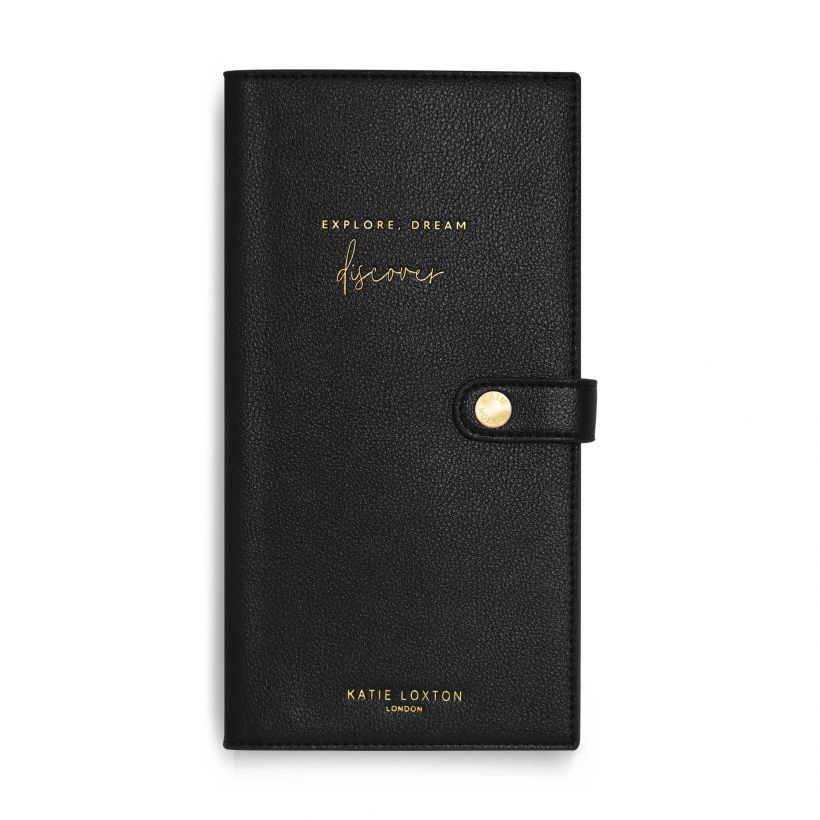 Katie Loxton Travel Wallet Black Explore Dream Discover KLB690 front