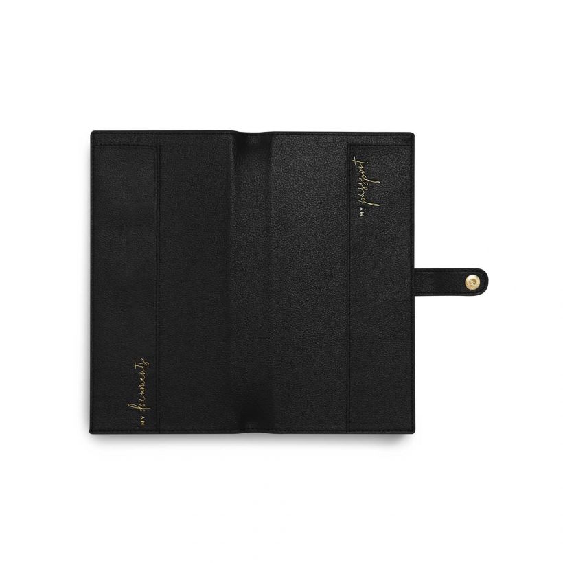 Katie Loxton Travel Wallet Black Explore Dream Discover KLB690 open