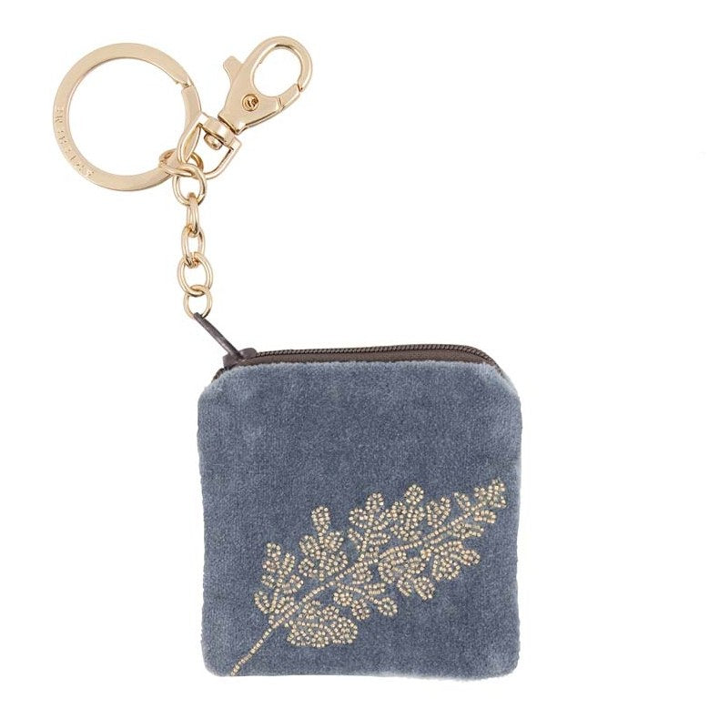 Keyring Blue Velvet Purse Gold Bead Leaves 210474 front