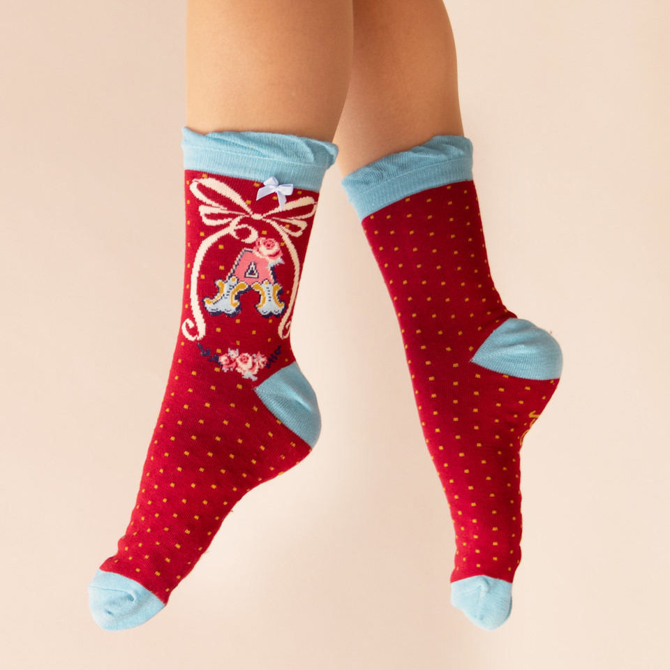 Ladies Alphabet Socks Letter A on model
