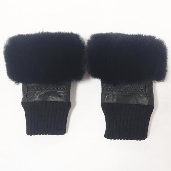 Leather and Faux Fur Fingerless Gloves Navy Blue GLVFM506A-D07