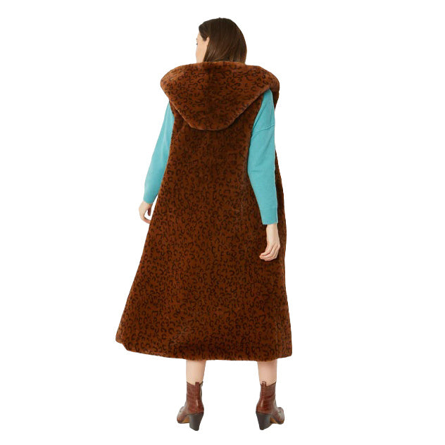 Luxury Chocolate Animal Print Faux Fur Hooded Gilet FMHG59A-04 on model back