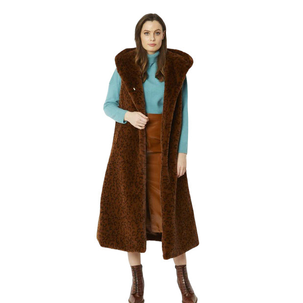 Luxury Chocolate Animal Print Faux Fur Hooded Gilet FMHG59A-04 on model front