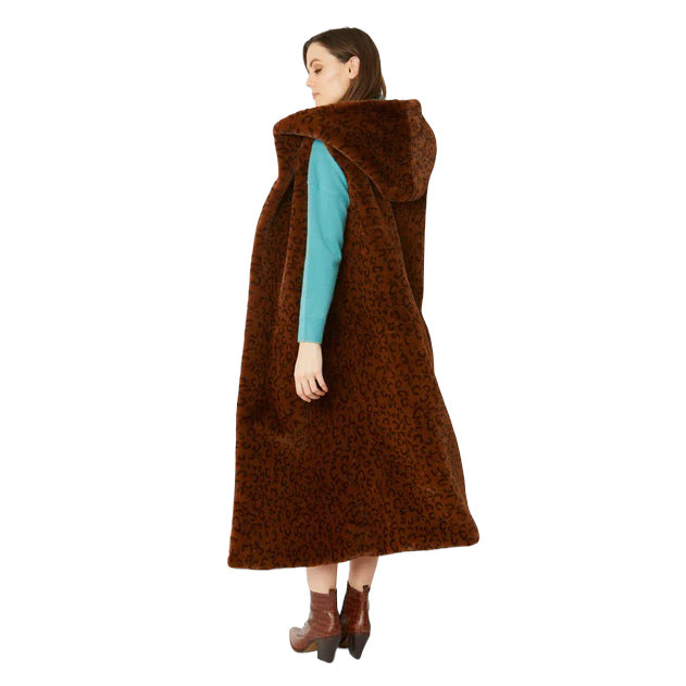 Luxury Chocolate Animal Print Faux Fur Hooded Gilet FMHG59A-04 on model side