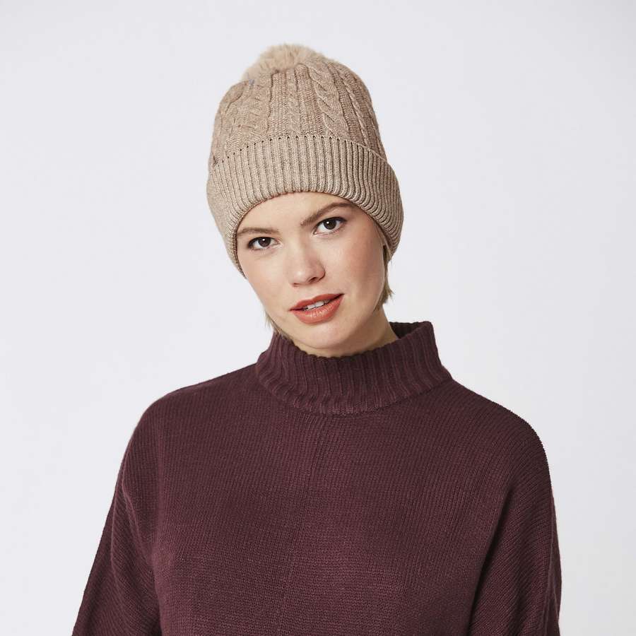 Luxury Faux Fur Pompom Hat Taupe FMDT19A-09 front
