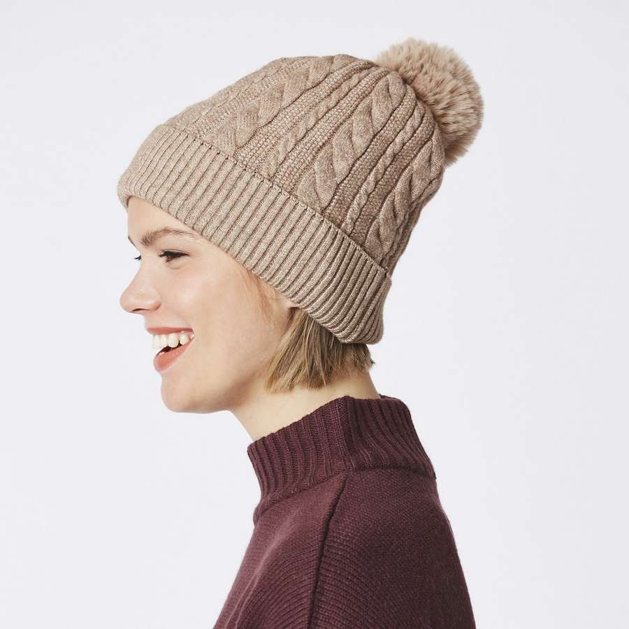 Luxury Faux Fur Pompom Hat Taupe FMDT19A-09 side