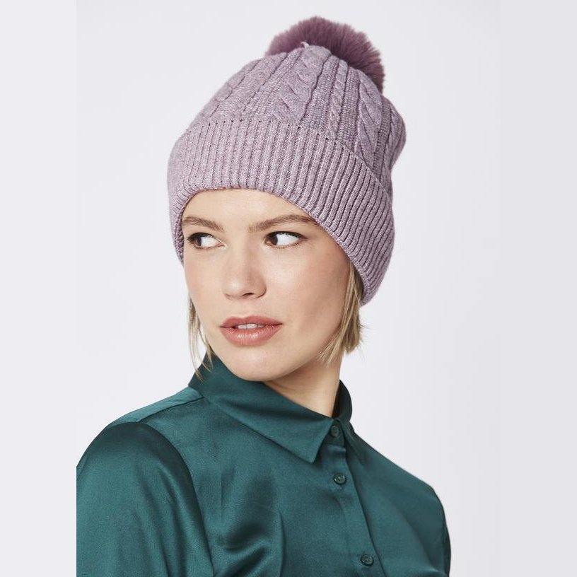 Luxury Faux Fur Pompom Hat in Purple FMDT19A-05 on model