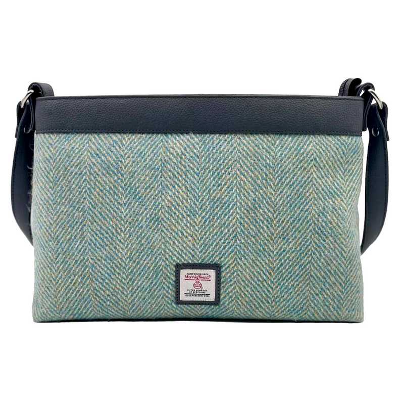 Maccessori Large Shoulder Bag Turquoise Herringbone Harris Tweed front