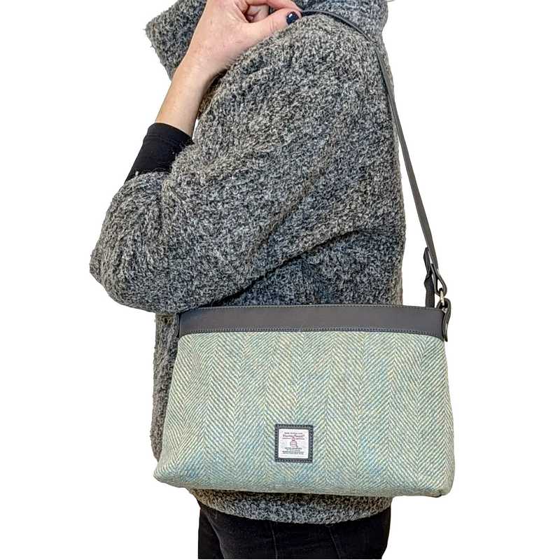 Maccessori Large Shoulder Bag Turquoise Herringbone Harris Tweed on model