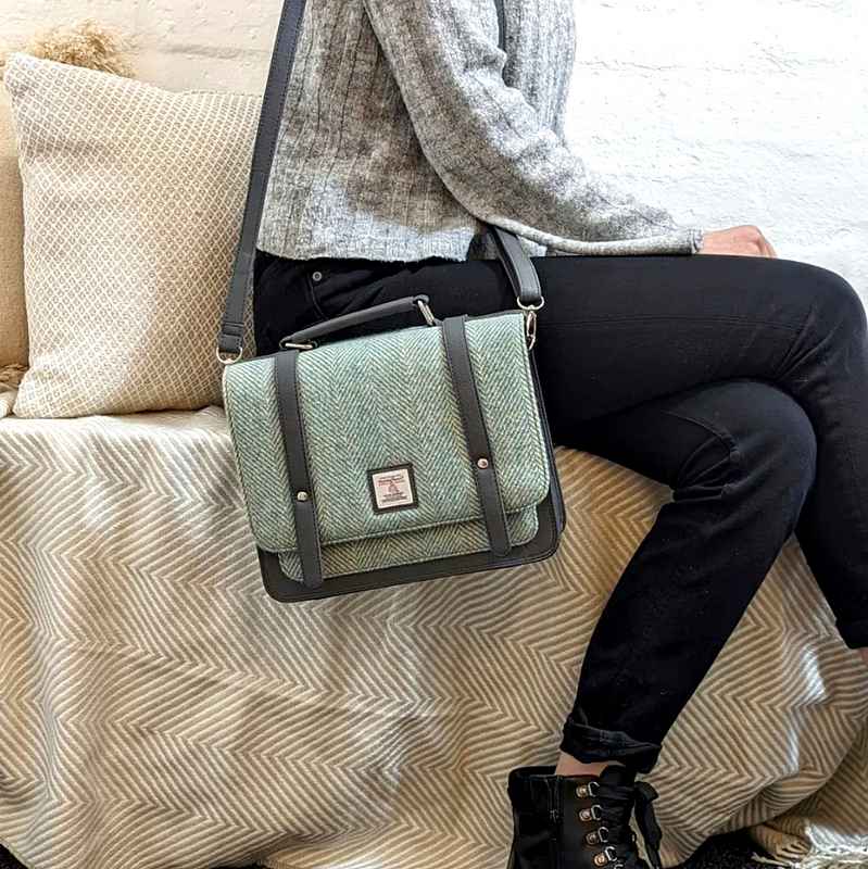 Maccessori Mini Messenger Bag in Turquoise Herringbone Harris Tweed CB2001-1904B2 on model