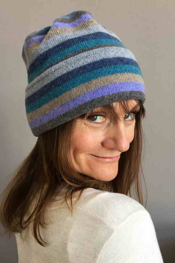 Old School Beauly Knitwear - Inverness Blue Skies Hat on model