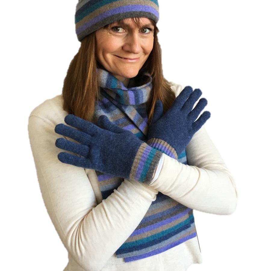 Old School Beauly Knitwear - Inverness Blue Skies Scarf on Helen with hat and gloves