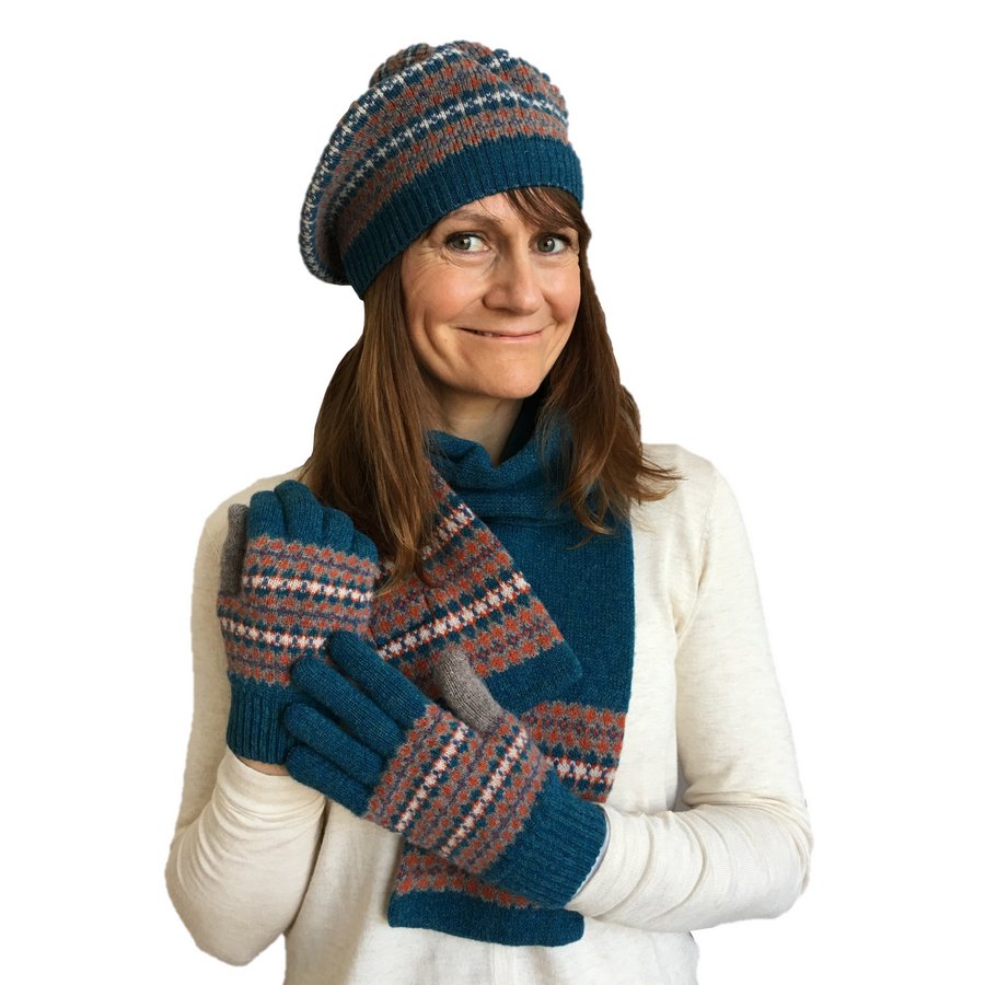 Old School Beauly Knitwear - Wee Nessie Beret, Scarf and Gloves on model