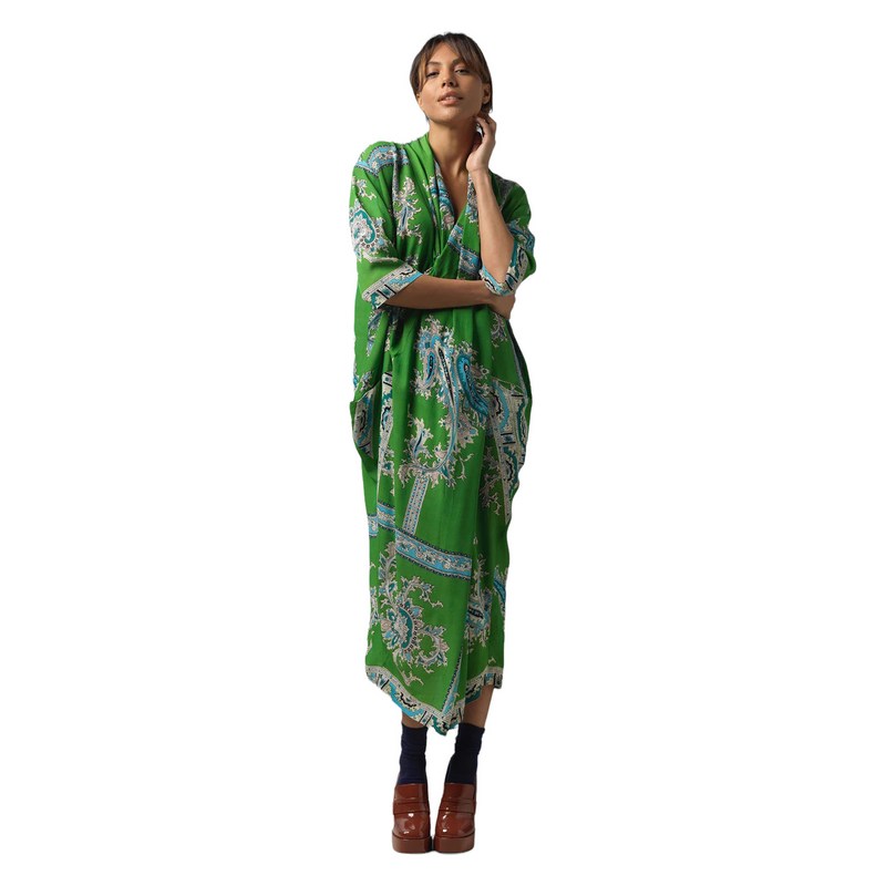 One Hundred Stars Crepe Dress Handkerchief Green DRBHKCGRN on model front 2
