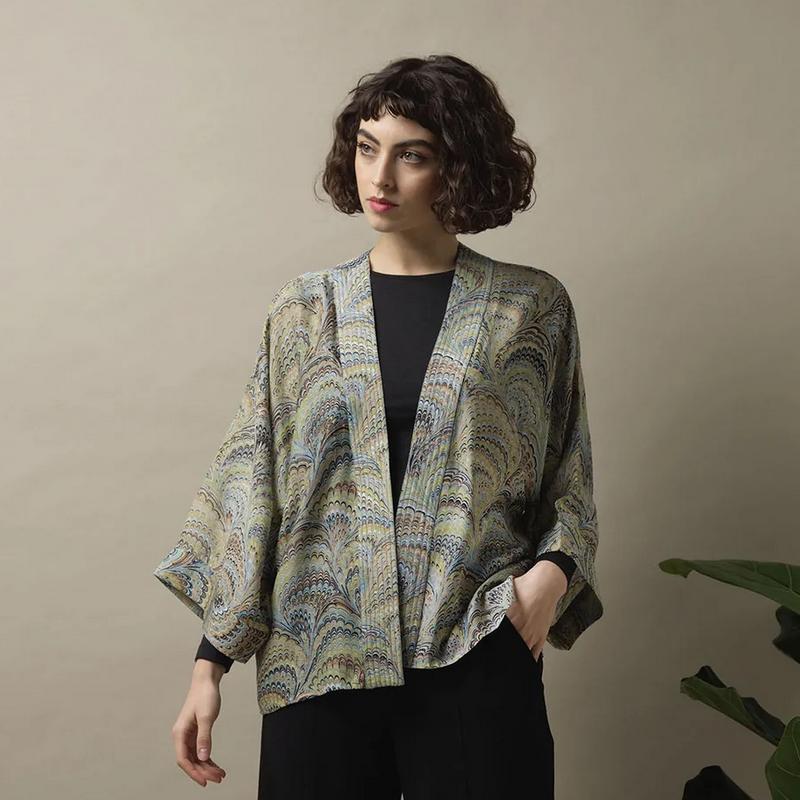 One Hundred Stars Kimono Marbled Green on model close-up
