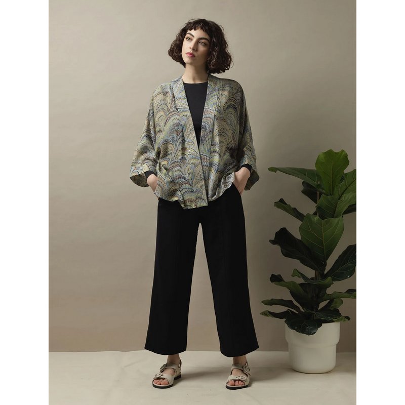 One Hundred Stars Kimono Marbled Green on model front