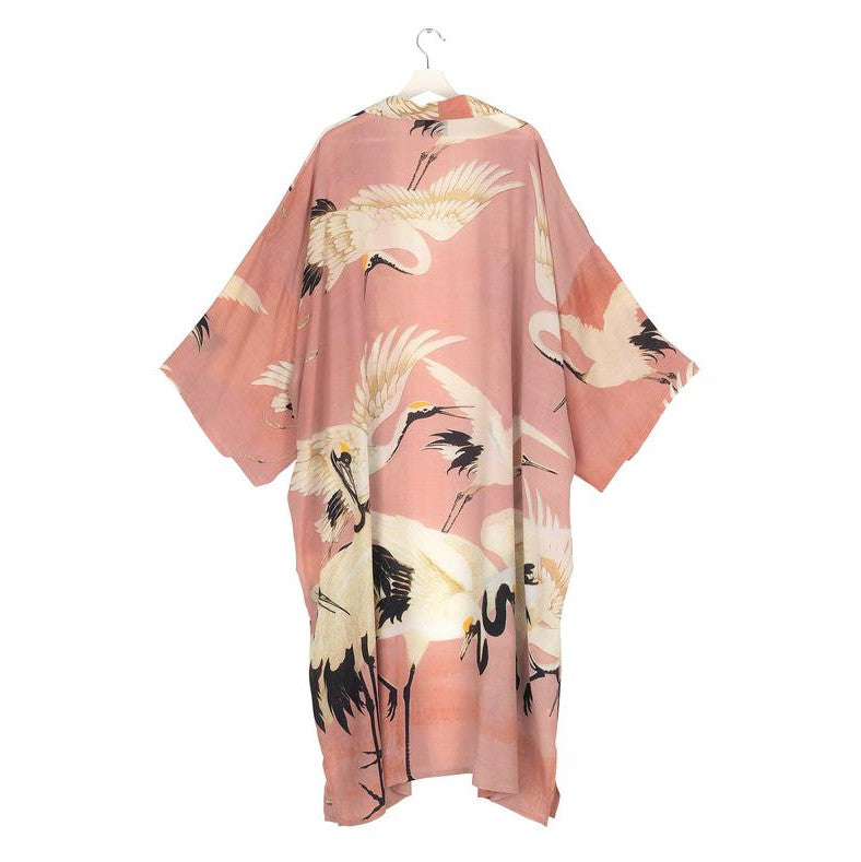 One Hundred Stars Long Crepe Kimono Stork Plaster Pink back