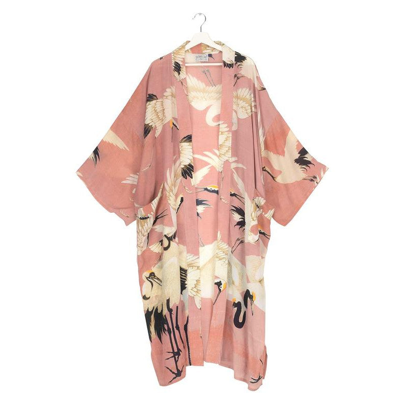 One Hundred Stars Long Crepe Kimono Stork Plaster Pink front