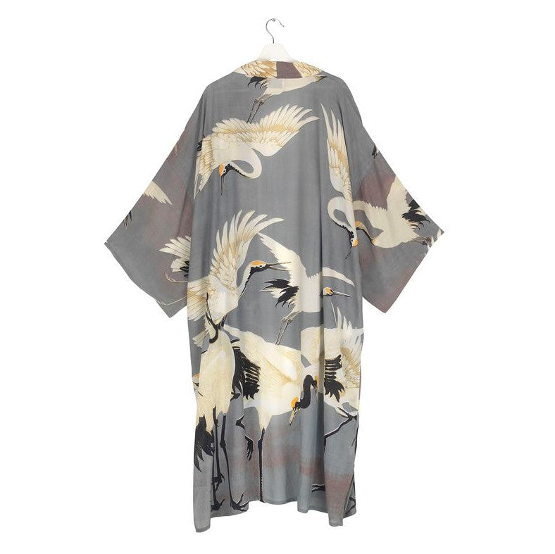 One Hundred Stars Long Crepe Kimono Stork Slate back