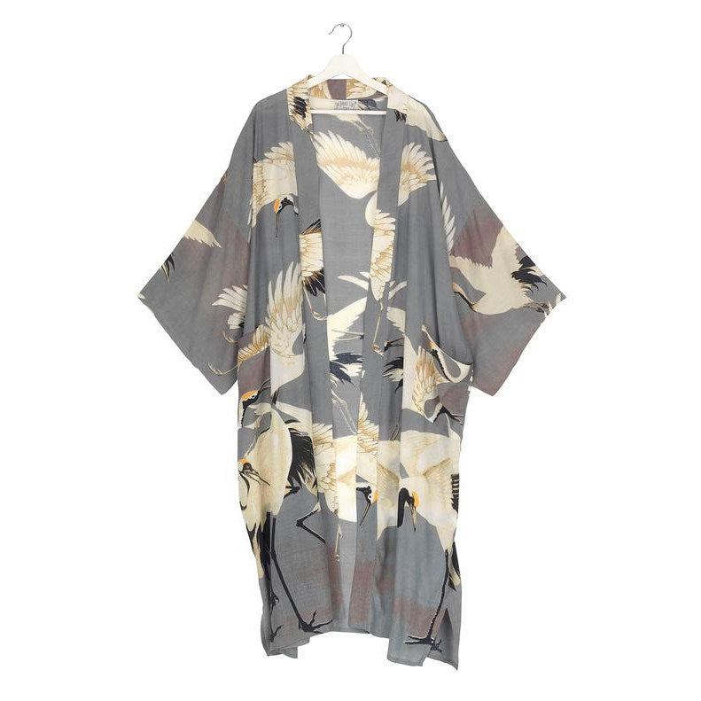 One Hundred Stars Long Crepe Kimono Stork Slate front