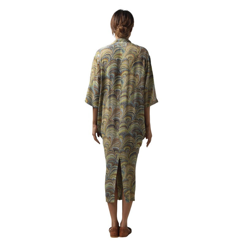 One Hundred Stars Marbled Green Crepe Dress DRBMARGRN on model back