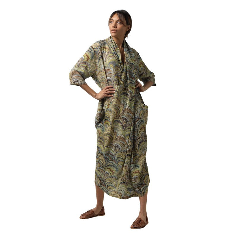 One Hundred Stars Marbled Green Crepe Dress DRBMARGRN on model front