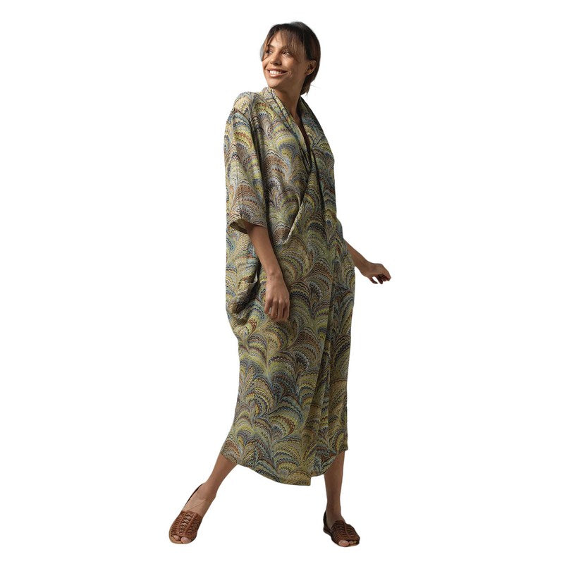 One Hundred Stars Marbled Green Crepe Dress DRBMARGRN on model main