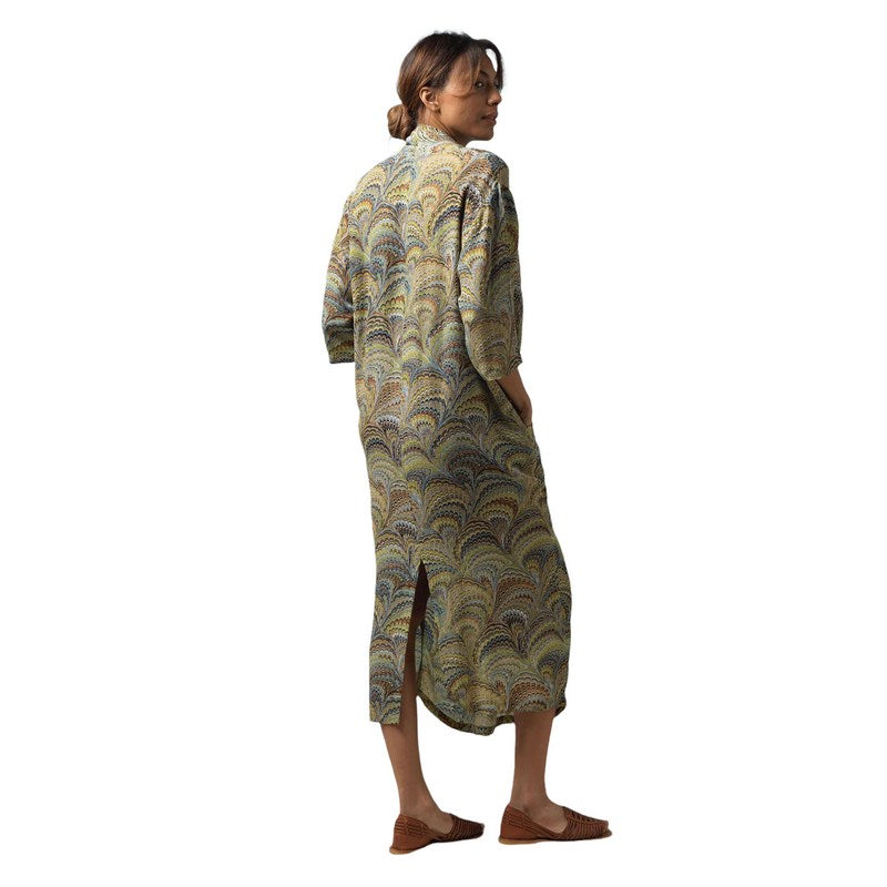 One Hundred Stars Marbled Green Crepe Dress DRBMARGRN on model side